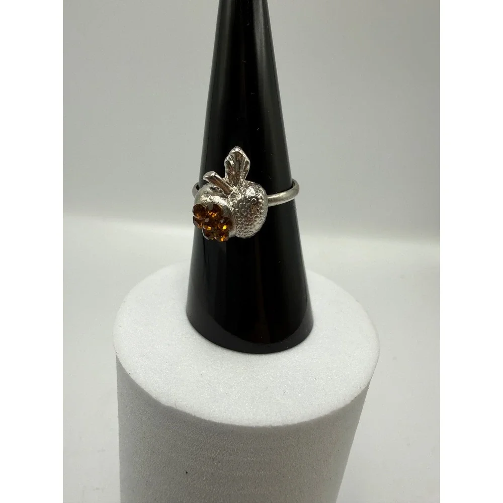Vintage‎ Silver Tone Apple Ring Amber Rhinestone Adjustable Band Fruit Jewelry